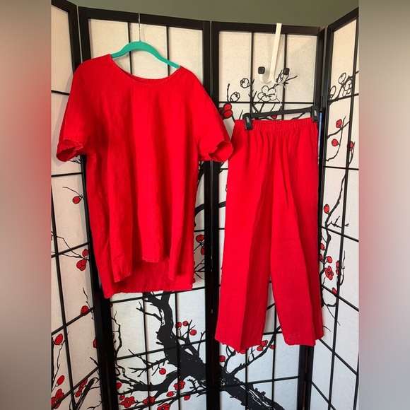 FLAX Linen S/M Petite 2 Piece High Low 100% Linen Red Boho Lightweight Outfit - Picture 1 of 9